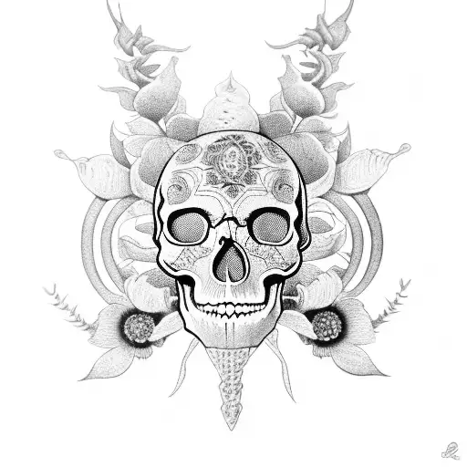 skull facing to the side with willow bark, foxglove flowers, poppy flowers, galanthus nivalus flowers, madagascar periwi tattoo design idea