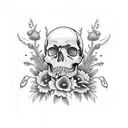 skull with willow bark, foxglove flowers, poppy flowers, galanthus nivalus flowers tattoo design idea