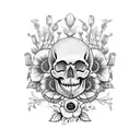 skull with willow bark, foxglove flowers, poppy flowers, galanthus nivalus flowers tattoo design idea