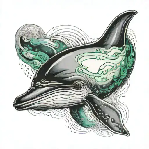 A detailed portrait of a beluga whale with the northern lights reflected in its eye tattoo design idea