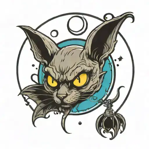 cat moon bat hanging upside tattoo design idea
