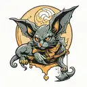 cat moon bat hanging upside tattoo design idea