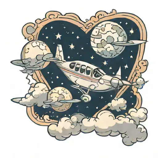 plane flying making heart with clouds, stars, planets, moon tattoo design idea