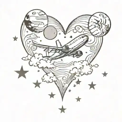 plane flying making heart with clouds, stars, planets, moon tattoo design idea