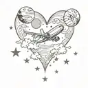 plane flying making heart with clouds, stars, planets, moon tattoo design idea
