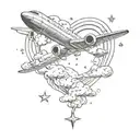 plane flying making heart with clouds, stars, planets, moon tattoo design idea