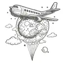 plane flying making heart with clouds, stars, planets, moon tattoo design idea