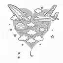 plane flying making heart with clouds, stars, planets, moon tattoo design idea