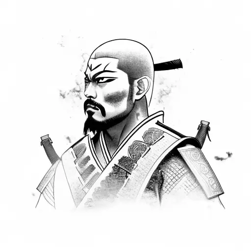 Would like a person split in half. Half samurai , half person wearing a karate gi (with black belt). Side with face blac tattoo design idea