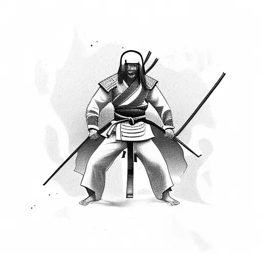 Would like a person split in half. Half samurai , half person wearing a karate gi (with black belt). Side with face blac tattoo design idea