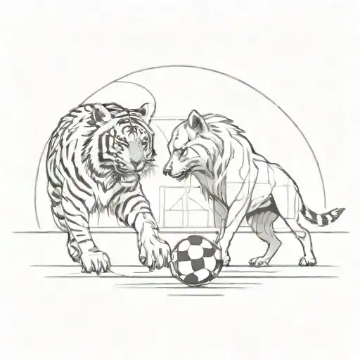 A fierce tiger and wolf facing off in a soccer stadium tattoo design idea