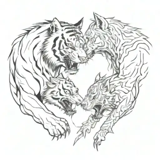 A fierce tiger and wolf facing off in a fierce battle tattoo design idea