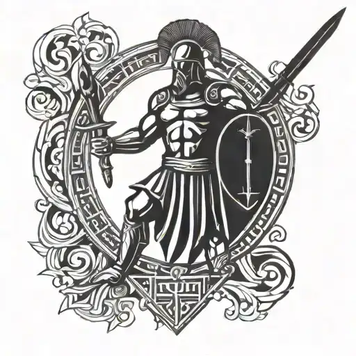 The Greek God Ares holding a shield and sword, with flames in the background, symbolizing passion and determination tattoo design idea