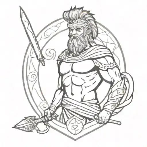 The Greek God Ares holding a shield and sword, with flames in the background, symbolizing passion and determination tattoo design idea