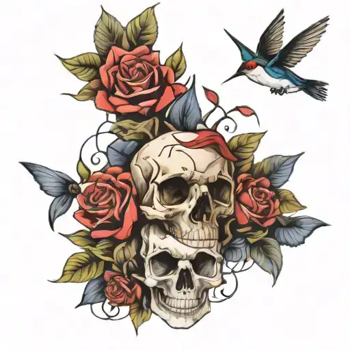 Generate a sleeve tattoo that contains : skulls, swallows , hummingbird and rose and thorns tattoo design idea