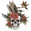 Generate a sleeve tattoo that contains : skulls, swallows , hummingbird and rose and thorns tattoo design idea