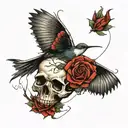 Generate a sleeve tattoo that contains : skulls, swallows , hummingbird and rose and thorns tattoo design idea