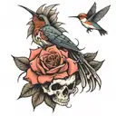 Generate a sleeve tattoo that contains : skulls, swallows , hummingbird and rose and thorns tattoo design idea