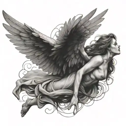 angel falling horizontal face up, clothed, hair and wings pushed up by air resistance, one arm reaching up to the sky tattoo design idea