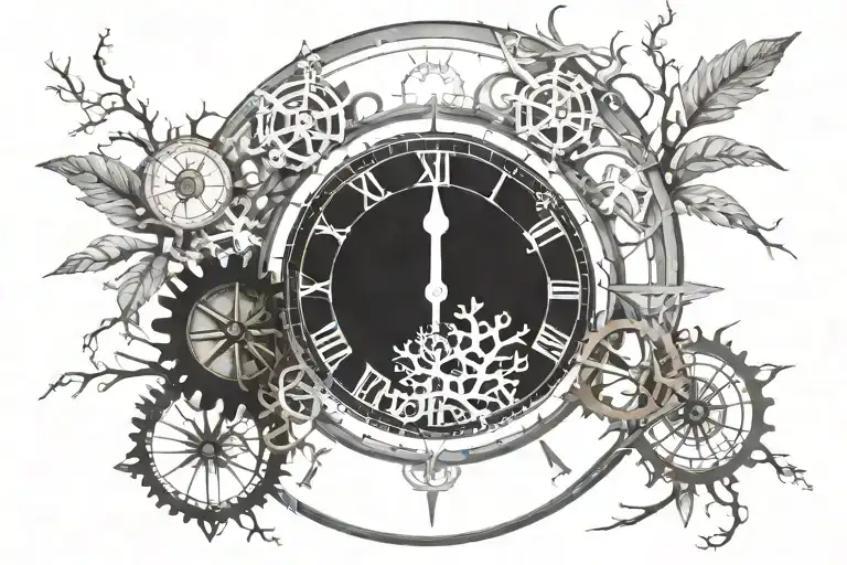 clock face, gears, tree branches, compass rose tattoo design idea