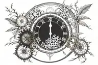 clock face, gears, tree branches, compass rose tattoo design idea