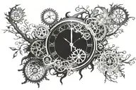 clock face, gears, tree branches, compass rose tattoo design idea