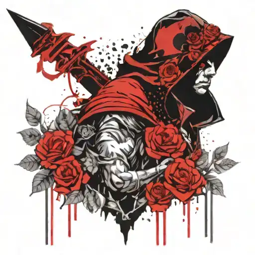 hooded warrior surrounded by roses tattoo design idea