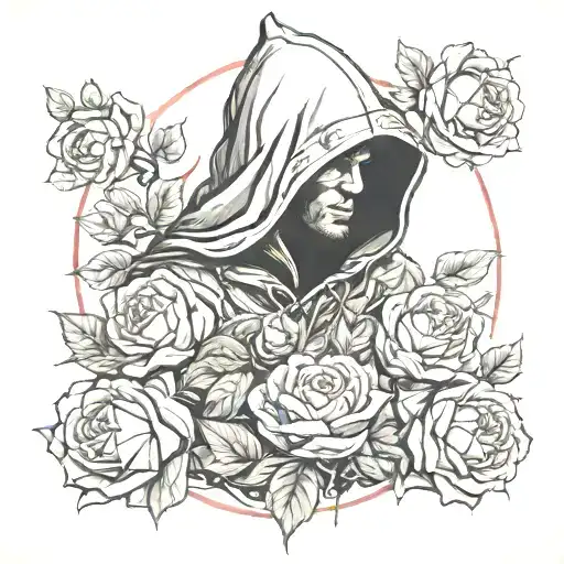 hooded warrior surrounded by glowing roses tattoo design idea