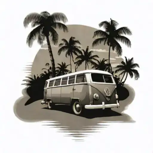 Black gray and white tattoo of vintage Volkswagen 23 window bus on beach with palm trees tattoo design idea