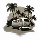 Black gray and white tattoo of vintage Volkswagen 23 window bus on beach with palm trees tattoo design idea
