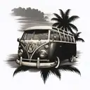 Black gray and white tattoo of vintage Volkswagen 23 window bus on beach with palm trees tattoo design idea