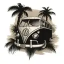 Black gray and white tattoo of vintage Volkswagen 23 window bus on beach with palm trees tattoo design idea