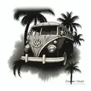 Black gray and white tattoo of vintage Volkswagen 23 window bus on beach with palm trees tattoo design idea