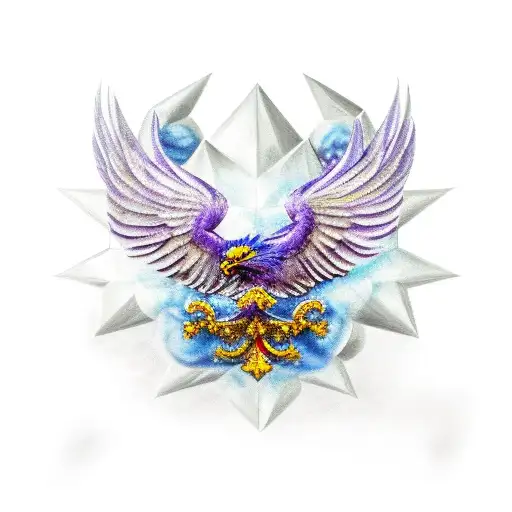 a scroll that has a purple eagle, fleur-de-lis, ice hockey player, boy's face with glasses and two young girl faces   tattoo design idea
