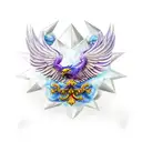 a scroll that has a purple eagle, fleur-de-lis, ice hockey player, boy's face with glasses and two young girl faces   tattoo design idea