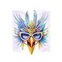 a scroll that has a purple eagle, fleur-de-lis, ice hockey player, boy's face with glasses and two young girl faces   tattoo design idea