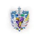 a scroll that has a purple eagle, fleur-de-lis, ice hockey player, boy's face with glasses and two young girl faces   tattoo design idea