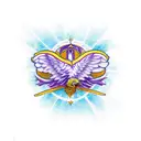 a scroll that has a purple eagle, fleur-de-lis, ice hockey player, boy's face with glasses and two young girl faces   tattoo design idea