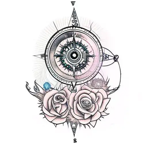 Dreamcatcher with compass, sunflowers, and roses tattoo design idea