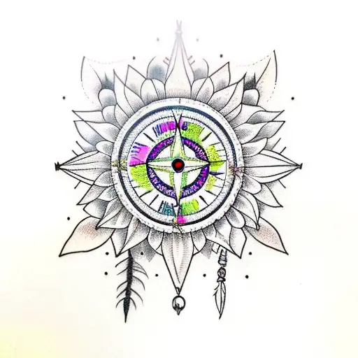 Dreamcatcher with compass, sunflowers, and roses tattoo design idea
