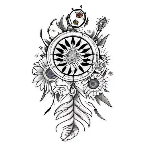 Dreamcatcher with sunflowers, and roses tattoo design idea