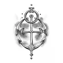 anchor cross with small black and purple iris tattoo design idea