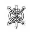anchor cross with small black and purple iris tattoo design idea