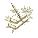 Stack Of Books, Top Book Open with a sword coming out of it. Surrounded by olive branches tattoo design idea