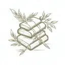 Stack Of Books, Top Book Open with a sword coming out of it. Surrounded by olive branches tattoo design idea