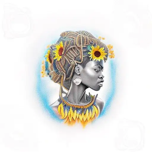 African goddess emerging from the water with sunflowers floating around her tattoo design idea