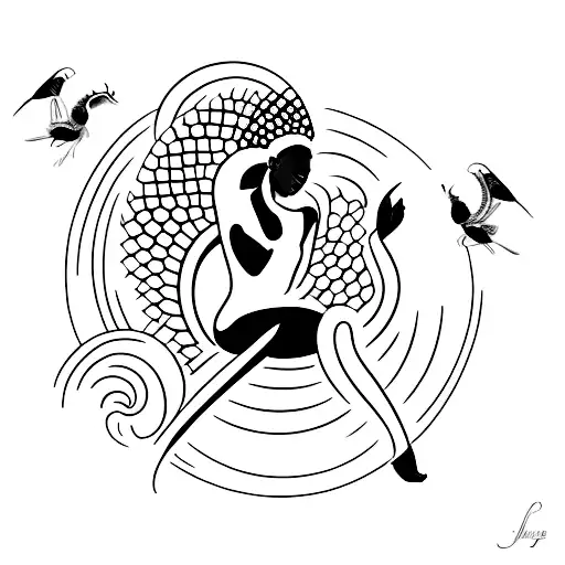 African goddess emerging from the water with sunflowers floating around her tattoo design idea