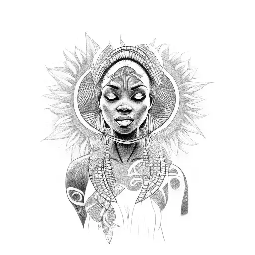 African goddess emerging from the water with sunflowers floating around her tattoo design idea