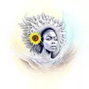 African goddess emerging from the water with sunflowers floating around her tattoo design idea