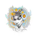 African goddess emerging from the water with sunflowers floating around her tattoo design idea